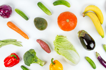 Various Fruits and Vegetable flat lay on white background, Top view