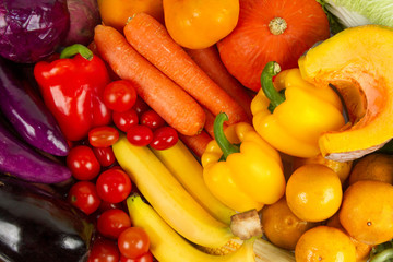 Various of Fresh fruits and Vegetables mixed. Top view, For healthy eating, vegetarian, grocery produce board background concept.