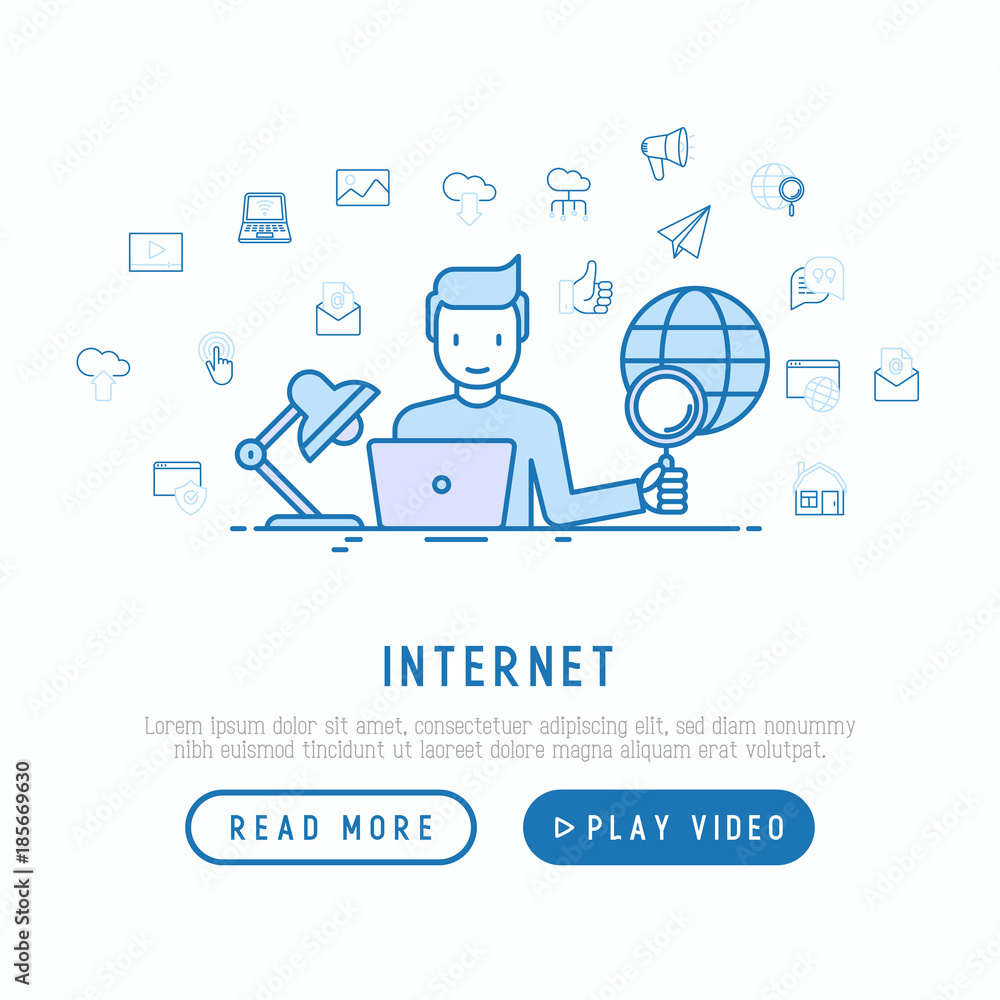 Poster internet concept with thin line icons: user is searching information on laptop. modern vector illust