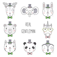 Poster Hand drawn cute funny portraits of cat, bear, panda, bunny, deer, unicorn, owl, elephant boys in bow ties and top hats. Isolated objects on white background. Vector illustration. Design concept kids. © Maria Skrigan