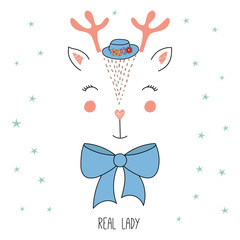 Hand drawn vector illustration of a cute funny reindeer face in a hat, with a bow, text Real lady. Isolated objects on white background with stars. Design concept for children.