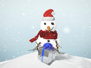 3D illustration of Snowman Christmas concept with present boxes and ornaments in a snowy day.