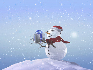 3D illustration of Snowman Christmas concept with present boxes and ornaments in a snowy day.