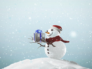 Naklejka na ściany i meble 3D illustration of Snowman Christmas concept with present boxes and ornaments in a snowy day.