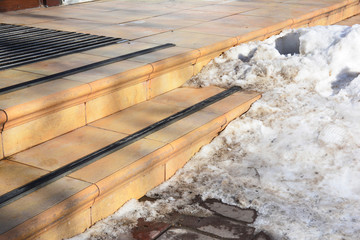 Danger Frozen Steps. Ice Covered Slippery Stair Case. Slippery walkway with ice and snow.