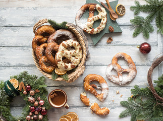 Christmas background with Christmas wreath and pretzel