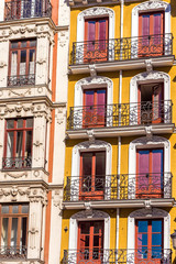 Facade of a building close-up, Madrid, Spain. Vertical.