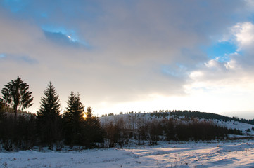 Winter landscape at sunset near a pine forest in Romania.