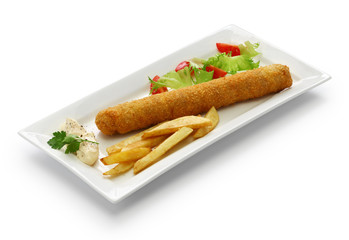 flamenquin, deep fried long pork roulade, spanish cordoba cuisine isolated on white background
