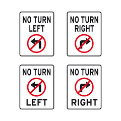 No turn left right arrow traffic road sign set