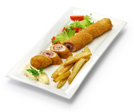 flamenquin, deep fried long pork roulade, spanish cordoba cuisine isolated on white background