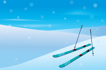 Skis on the snowy mountains in winter vacation. Vector of winter sport