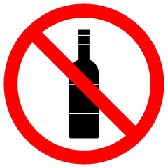 STOP ALCOHOLISM sign. Wine bottle icon in crossed out red circle. Vector.