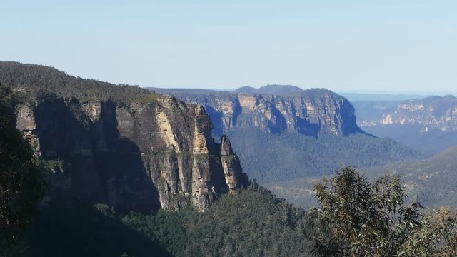 a zooming shot of pulpit rock from govetts leap in the blue mountains, australia