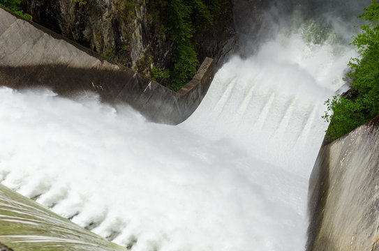 Spillway Area of Cleveland Dam in North Vancouver on a Rainy Spring Day. British Columbia, Canada