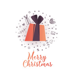 Merry Christmas poster with gift and icons.  Isolated white background