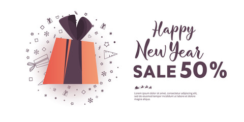 New Year vector banner with special offer 50 percent off. Merry Christmas greeting card with  glittering snowflakes pattern decoration.