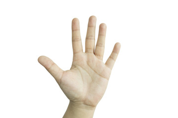 isolated background hand of caucasian man expressive five fingers. image for success, abstract, body, person, idea, symbol concept