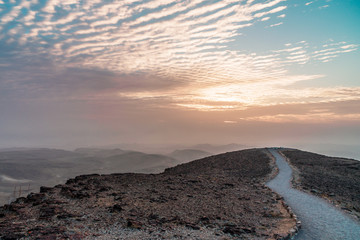 Landscape of colorful morning sunrise in aged judean desert Israel