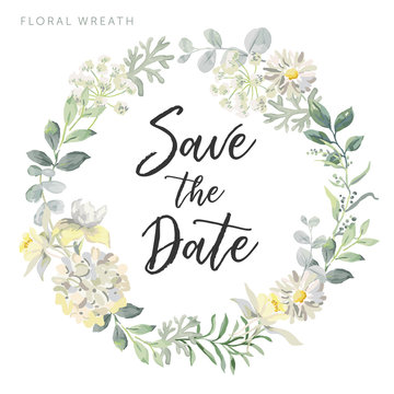 Wedding wreath Save the date. White flowers and gray green leaves. Watercolor vector illustration. Summer greenery.
