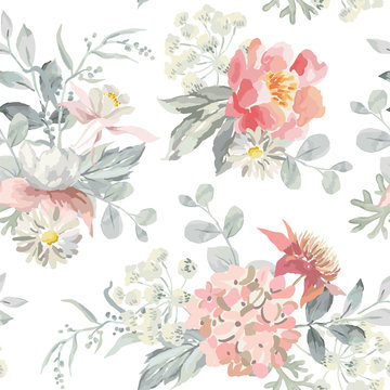 Pink flowers with pearl gray leaves on the white background. Watercolor vector seamless pattern. Romantic illustration. Cottage garden bouquets.