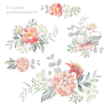 Set of the floral arrangements. Pink flowers with pearl gray leaves. Watercolor vector illustration. Romantic garden bouquets.