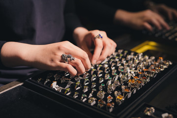 Fototapeta premium Presentation of retail showcase in jewellery store with rings