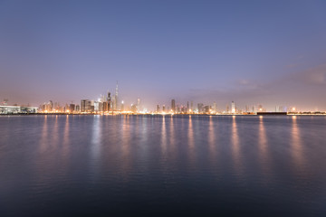 Fototapeta na wymiar Blue sunrise over Dubai Downtown skyline. Dubai, UAE.