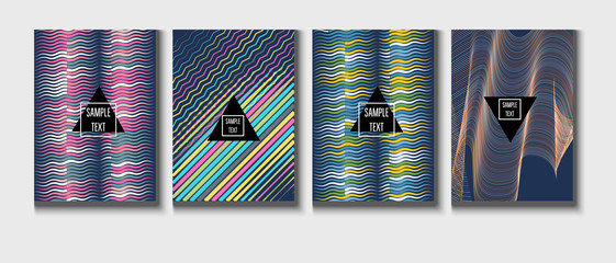 Funky Covers Set. A4 Vector Business Folders Templates. Halftone Geometric Modern Business Covers Set. Neon Bright Glam and Glitch Party Poster Background. Futuristic Branding, Linear Tech Design.