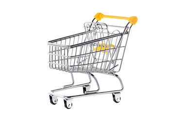 Empty metal shopping basket on wheels with yellow handle isolated on white background, consumer basket, food cart, front and side view.