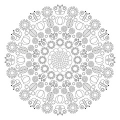vector black and white circular spring mandala with butterflies, flowers, leaves, tulips - adult coloring book page