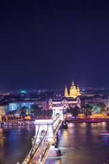 Beautiful view of the Basilica of Saint Istvan and the Szechenyi chain bridge across the Danube in Budapest, Hungary