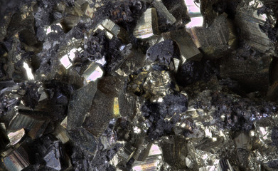 Macro sharp detailed image of lead zinc ore mineral piece showing multiple scattering morphological surface formations