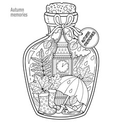 Coloring book for adults. A glass vessel with autumn memories of dreams about a trip to London. A bottle with rain, boots, leaves, a cup of tea, big ben tower london, Victoria Tower