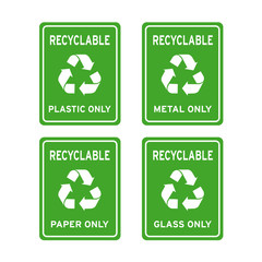 Recyclable plastic metal paper glass only sign set 