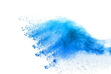 Blue powder explosion on white background.
