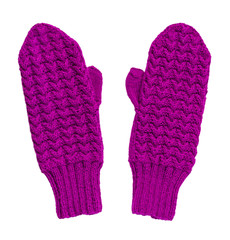 Violet knitted mittens isolated on a white background