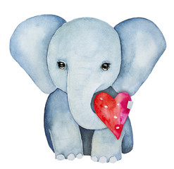 Elephant kid character portrait, holding a red pink heart with trunk. Symbol of beauty, power, dignity, intelligence, good luck and peace. Hand painted water color drawing, isolated, white background.