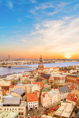 Fototapeta premium eautiful view of the old town and the steeple of the Dome Cathedral near the Daugava River in Riga, Latvia