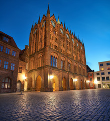 Old Town Hall and St. Nicolas Church in the evening in Stralsund