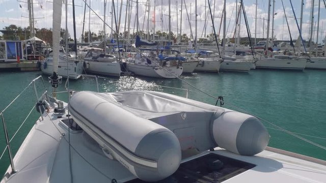 Side view of rigid inflatable boat on yacht board