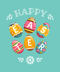 Happy Easter greeting card. Vector illustration with colorful painted eggs in trendy flat style, isolated on turquoise background.