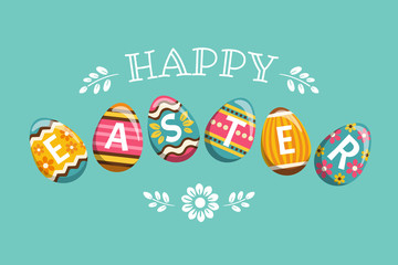Happy Easter greeting card. Vector illustration with funny colorful painted eggs. Isolated on turquoise background