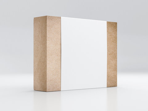 Brown Kraft paper Box Mockup with white paper sleeve, 3d rendering