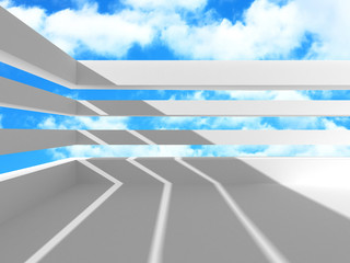 Empty white room interior with window to sky