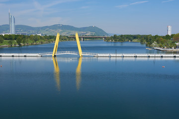 Bridge on the Danube River, whose yellow arms open upwards