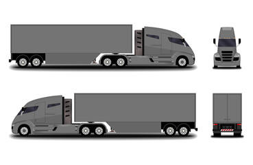 futuristic electric truck. front view; side view; back view.