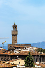 Fototapeta na wymiar Distant view of the Palazzo Vecchio, ancient town hall in Florence, Italy.