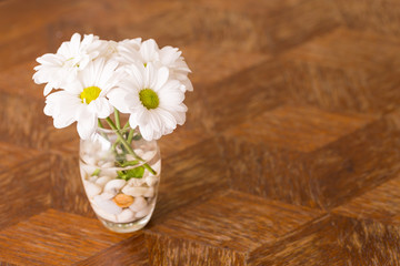 white flower in glass on wood table