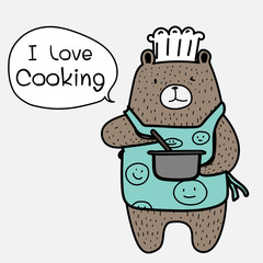 Chef Bear Is Cooking. Brown Bear Wearing An Blue Apron Say 